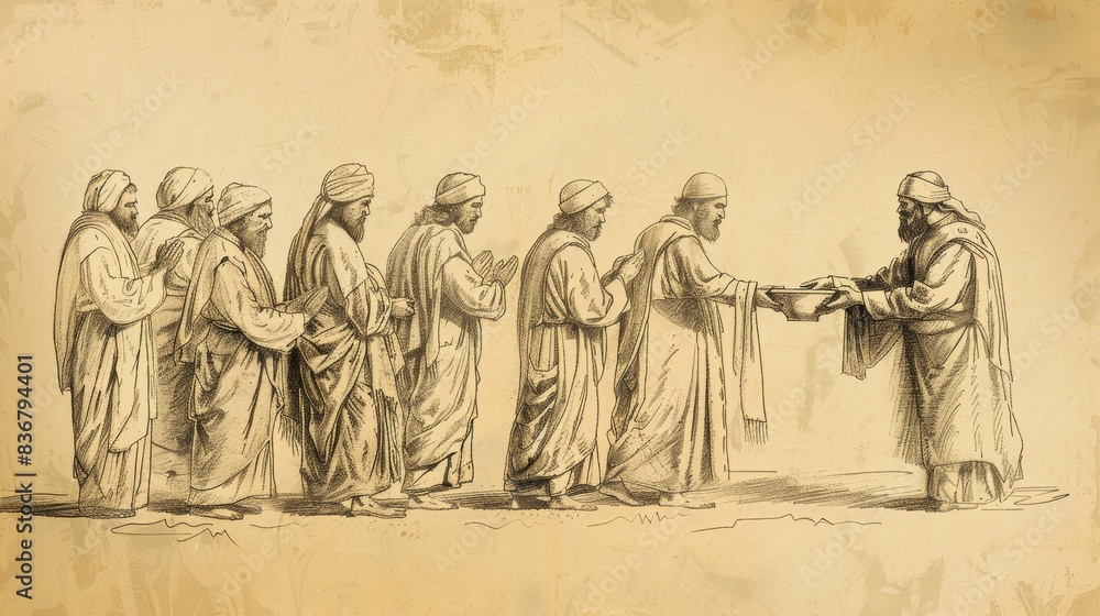 Fototapeta premium Visual of Ten Minas Parable: Servants Entrusted with Money, Beige Background, Biblical Illustration, Copyspace