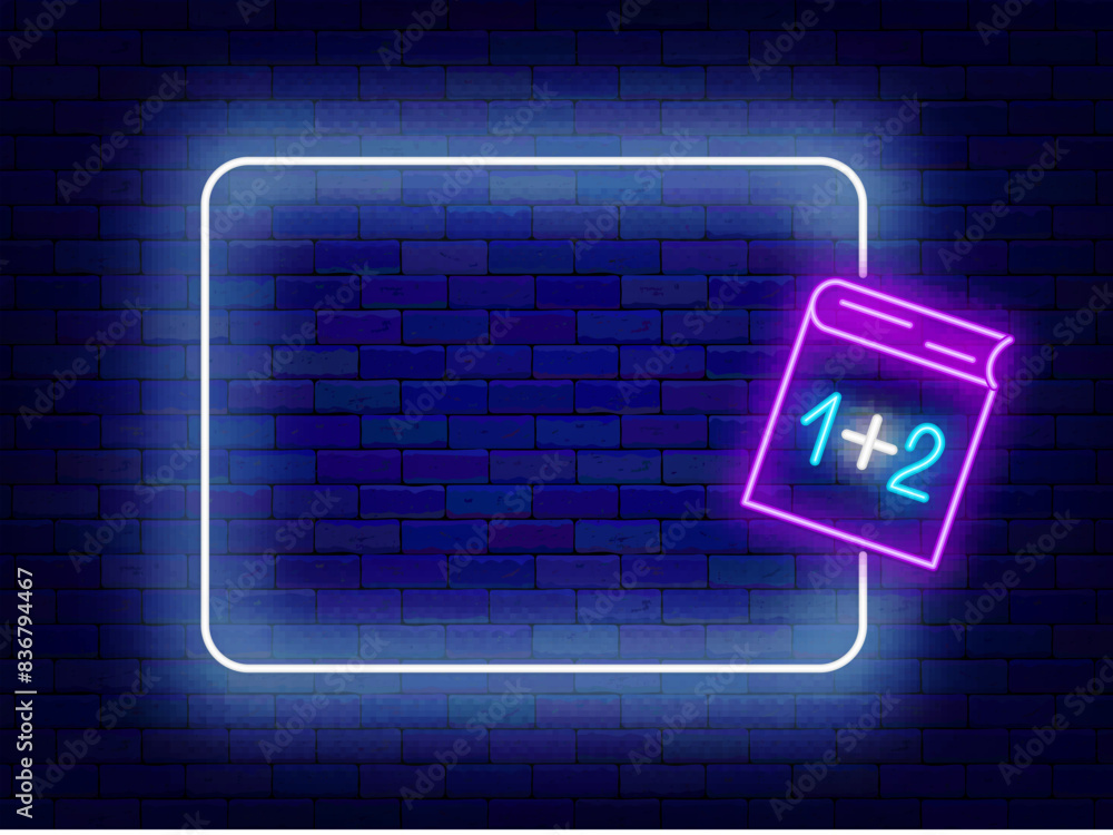 Stationery store neon flyer. Back to school. Special offer invitation. Shiny greeting card. Mathematics science. Empty purple frame and book. Glowing banner. Editing text. Vector stock illustration Stationery store neon flyer. Back to school. Special offer invitation. Shiny greeting card. Mathematics science. Empty purple frame and book. Glowing banner. Editing text. Vector stock illustration