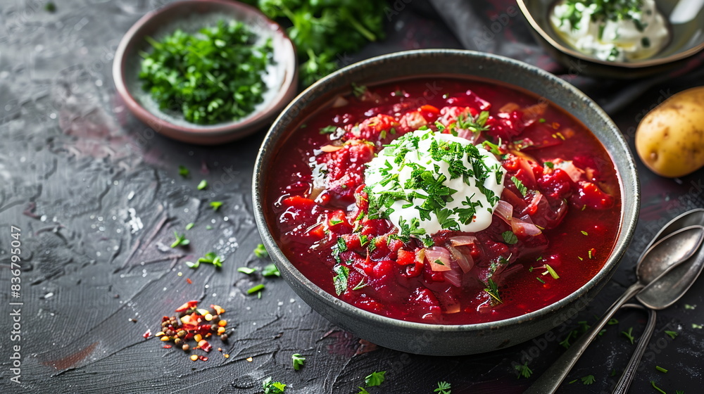 Russian borscht with beets, cabbage, potatoes, and sour cream in a bowl. Russian borscht with beets, cabbage, potatoes, and sour cream in a bowl.