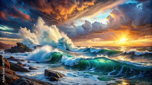 Impressive digital of a seascape with crashing waves photo