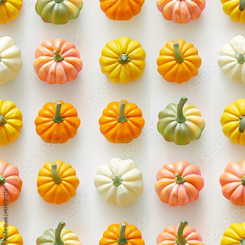 A seamless pattern of three-dimensional pastel Halloween pumpkins, meticulously arranged in rows on a flat white surface photo