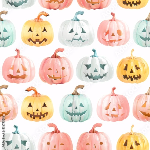 A seamless pattern featuring three-dimensional pastel Halloween pumpkins arranged in neat rows on a flat white background photo