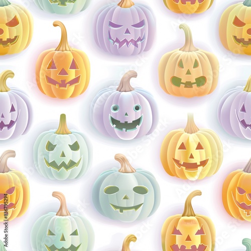 A seamless pattern with pastel-colored Halloween pumpkins in a three-dimensional design, evenly spaced in rows on a white background photo