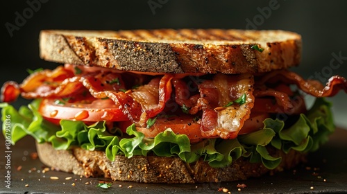 A classic BLT sandwich with crispy bacon, lettuce, and tomato, against a simple, neutral background with copy space