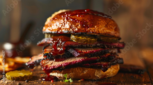 Smoked brisket sandwich with barbecue sauce and pickles on a toasted bun. photo