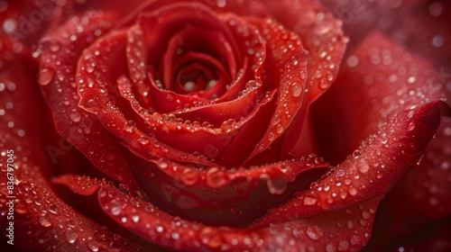 A closeup view captures the stunning beauty of nature in vibrant red rose petals, adorned with dew drops. This macro photography reveals the delicate and romantic side of botanical wonders