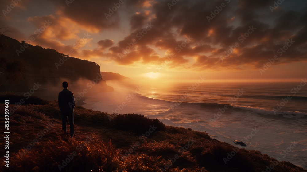 Solitary Figure Watching Sunset Over Ocean Cliffs Solitary Figure Watching Sunset Over Ocean Cliffs