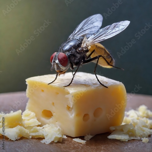 Symbol, Tier, Insekt, Nahaufnahme einer Schmeißfliege auf einem Stück Käse, Calliphoridae, KI - generiert photo