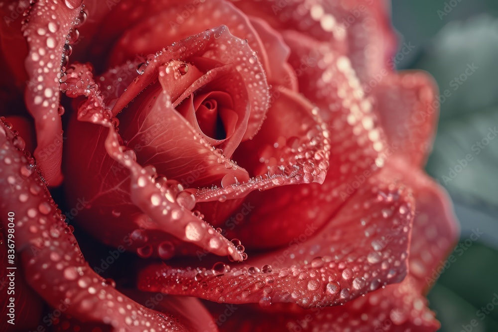 A beautiful closeup shot captures the details of a vibrant red rose covered in dew drops, highlighting its texture and color. Perfect for projects related to romance, nature, and flowers A beautiful closeup shot captures the details of a vibrant red rose covered in dew drops, highlighting its texture and color. Perfect for projects related to romance, nature, and flowers
