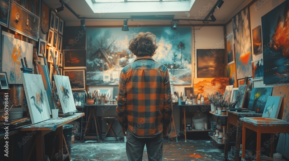 AI generated illustration of a man in a gallery surrounded by art supplies AI generated illustration of a man in a gallery surrounded by art supplies