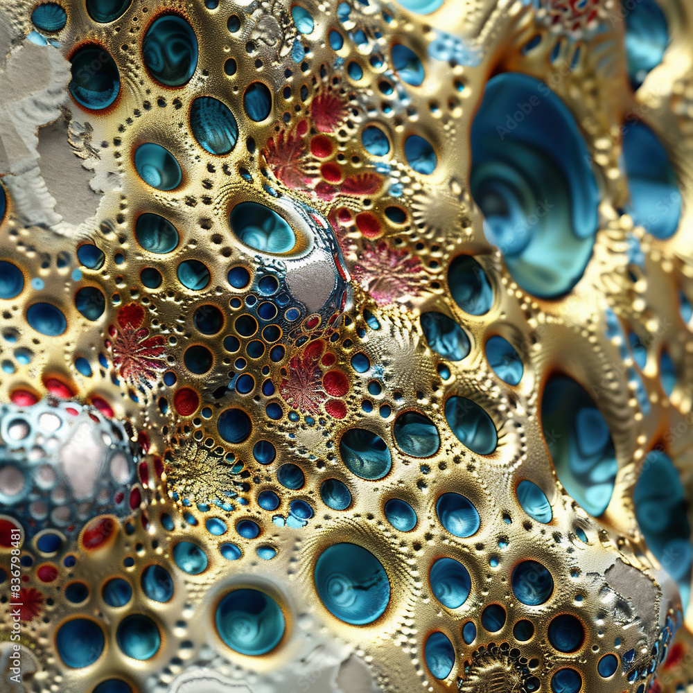 3d fractal, rococo style, gold and blue accents, close up of details of intricate metal sculpture with colourful glass bubbles on it 3d fractal, rococo style, gold and blue accents, close up of details of intricate metal sculpture with colourful glass bubbles on it