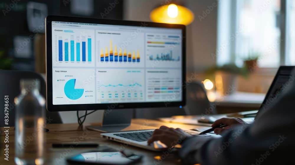 Business meeting with a projector screen displaying online marketing campaign results Business meeting with a projector screen displaying online marketing campaign results