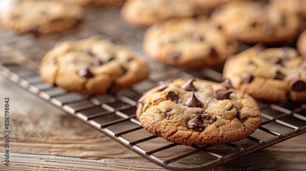 Freshly Baked Chocolate Chip Cookie on Cooling Rack: Light Wooden Background with Copy Space Freshly Baked Chocolate Chip Cookie on Cooling Rack: Light Wooden Background with Copy Space