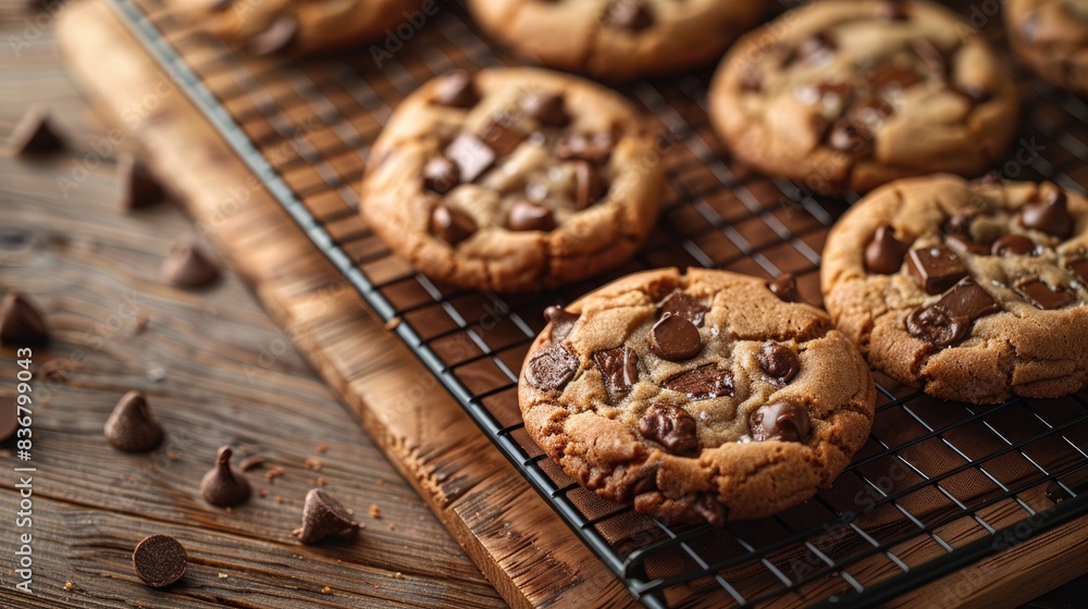 A freshly baked chocolate chip cookie on a cooling rack, placed on a light wooden background with copy space A freshly baked chocolate chip cookie on a cooling rack, placed on a light wooden background with copy space