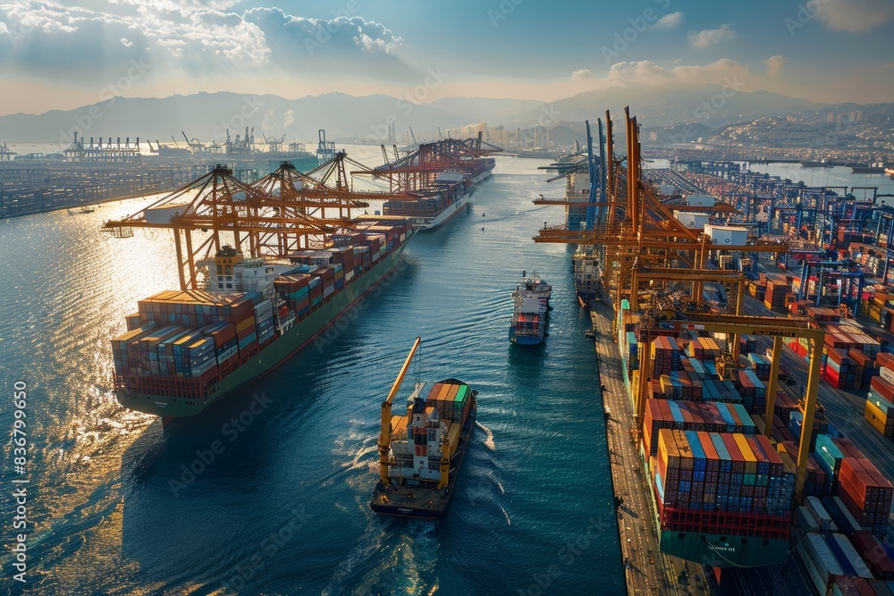 Obraz premium Container ships glide smoothly across the open sea, silhouetted against the twilight sky.