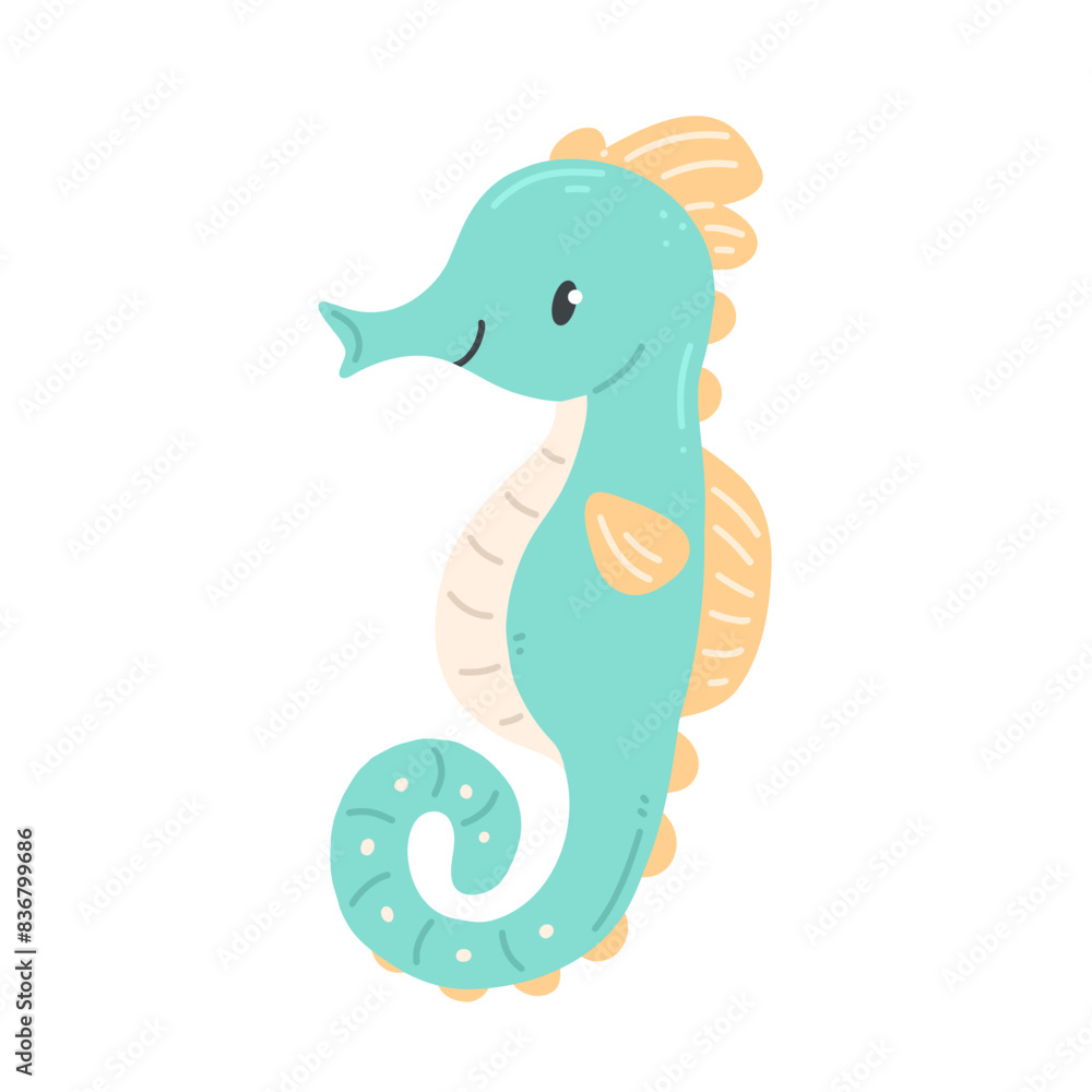 Sea horse in a cute cartoon style isolated on white. Vector illustration with a smiling sea horse.