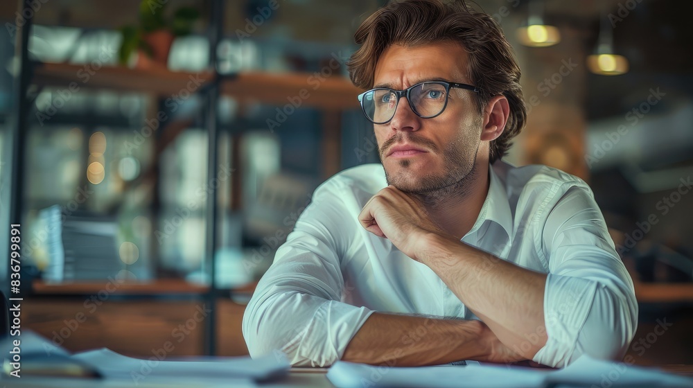 Fototapeta premium Businessman with a pensive look, deep in strategic planning