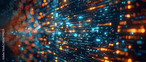 Wallpaper Mural Abstract view of a futuristic digital data stream with glowing orange and blue network lights, representing cyber technology and connectivity.
 Torontodigital.ca