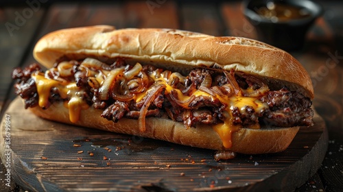 A freshly made Philly cheesesteak with melted cheese and sautéed onions, set against an urban background with copy space photo