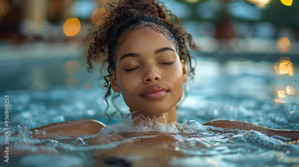 Fototapeta premium Woman relaxing in a pool with eyes closed night. Close-up portrait in spa environment.