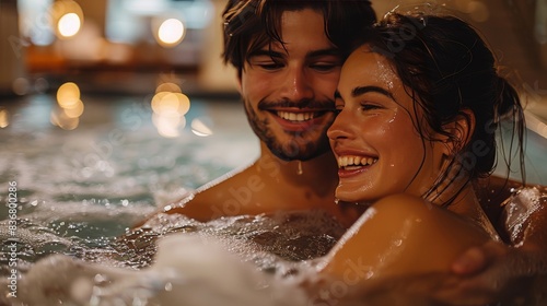 Couple smiling and relaxing in hot tub. Close-up portrait in spa environment.
