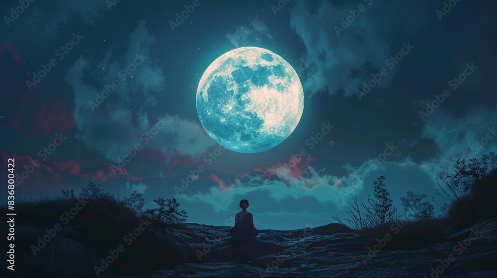 Silhouette of monk meditating under full moon in forest at night. Silhouette of monk meditating under full moon in forest at night.