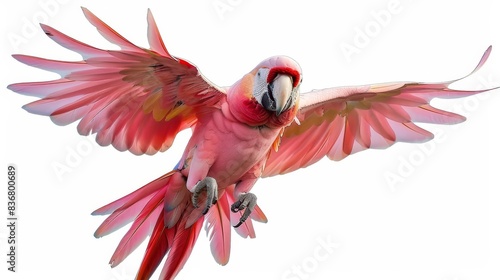 A close-up photograph of a pink cockatoo in flight, highlighting its detailed feathers and expressive features. photo