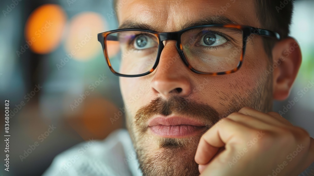Businessman's face showing deep thought during a planning session Businessman's face showing deep thought during a planning session