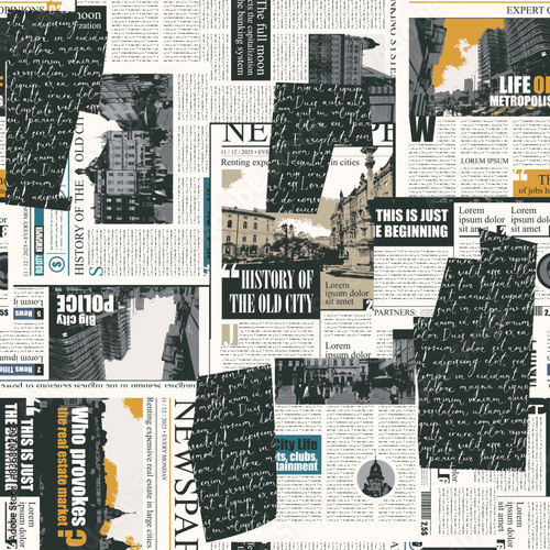 seamless pattern with collage of newspaper or magazine clippings. Vector background in retro style with titles, illustrations and imitation of text. Suitable for wallpaper, wrapping paper, fabric