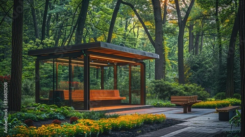 Serene Bus Stop in Park: Trees, Glass Roof, Wooden Bench
 photo