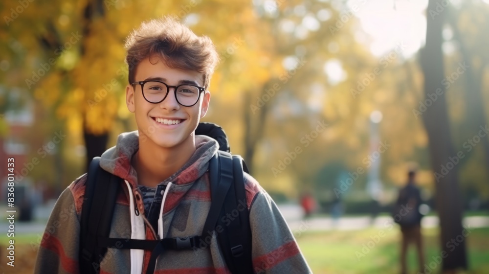 Happy Teen Boy with Backpack in Autumn Park Happy Teen Boy with Backpack in Autumn Park