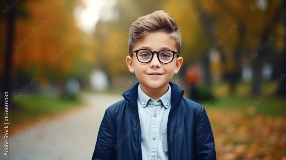 Fototapeta premium Boy with glasses and blue jacket smiling in a park with autumn colors.