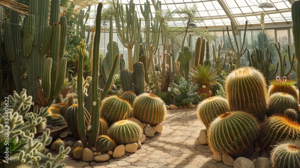 Fototapeta premium Variety of cacti and succulents in a greenhouse.