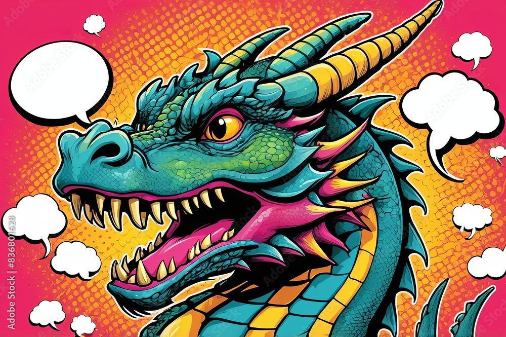 Pop Art, an image of a dragon, with speech bubbles Pop Art, an image of a dragon, with speech bubbles
