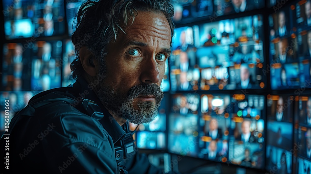 A man in uniform gazes intensely at a wall of monitors, likely a security guard on duty in a control room, representing a constant state of vigilance A man in uniform gazes intensely at a wall of monitors, likely a security guard on duty in a control room, representing a constant state of vigilance