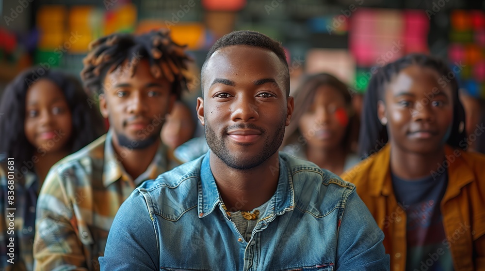 A young man with a focused expression looks directly at the camera, seated among a diverse group of individuals in a classroom A young man with a focused expression looks directly at the camera, seated among a diverse group of individuals in a classroom