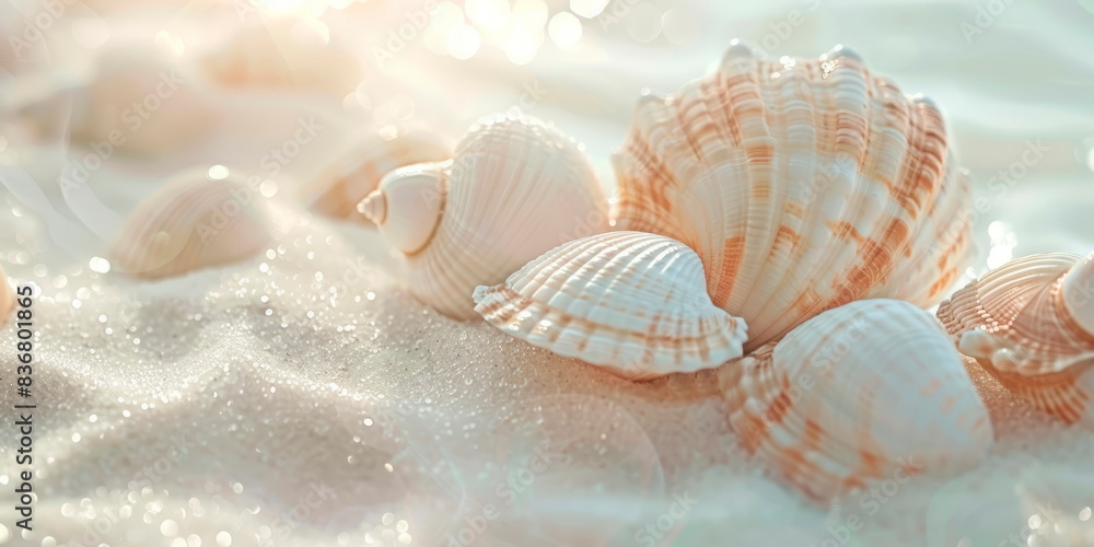 Delicate hand-drawn seashells, elegant summer beach background, white and beige Delicate hand-drawn seashells, elegant summer beach background, white and beige