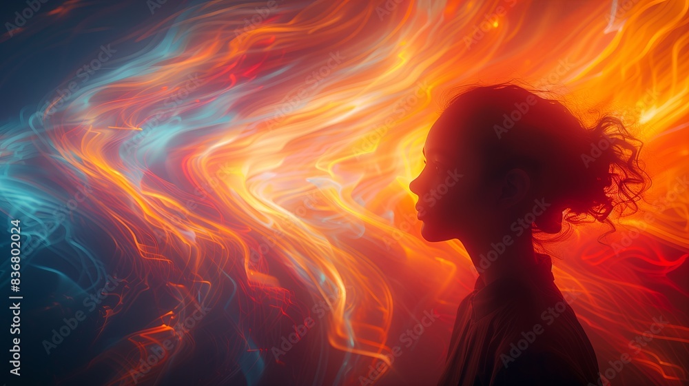 A persons silhouette stands against a background of swirling, abstract fire, creating a sense of mystery and wonder A persons silhouette stands against a background of swirling, abstract fire, creating a sense of mystery and wonder