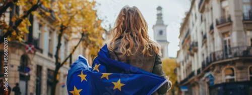 Young woman holds European flag in hand, back view, background is blurred financial high-rise buildings, 4k high-definition wallpaper, background, generated by AI.