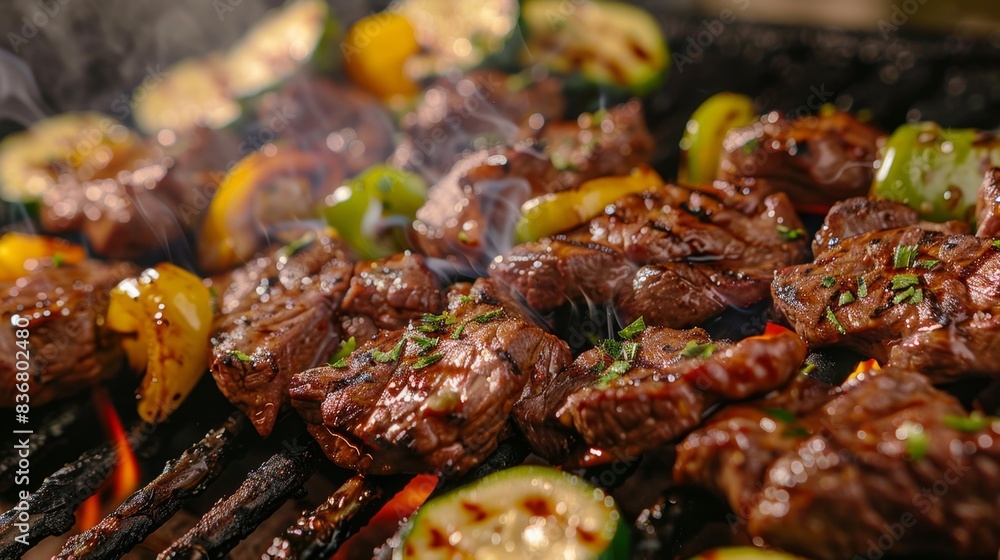 Grilled meat and vegetable skewers on a barbecue grill with smoke. Summer BBQ and food concept. Grilled meat and vegetable skewers on a barbecue grill with smoke. Summer BBQ and food concept.