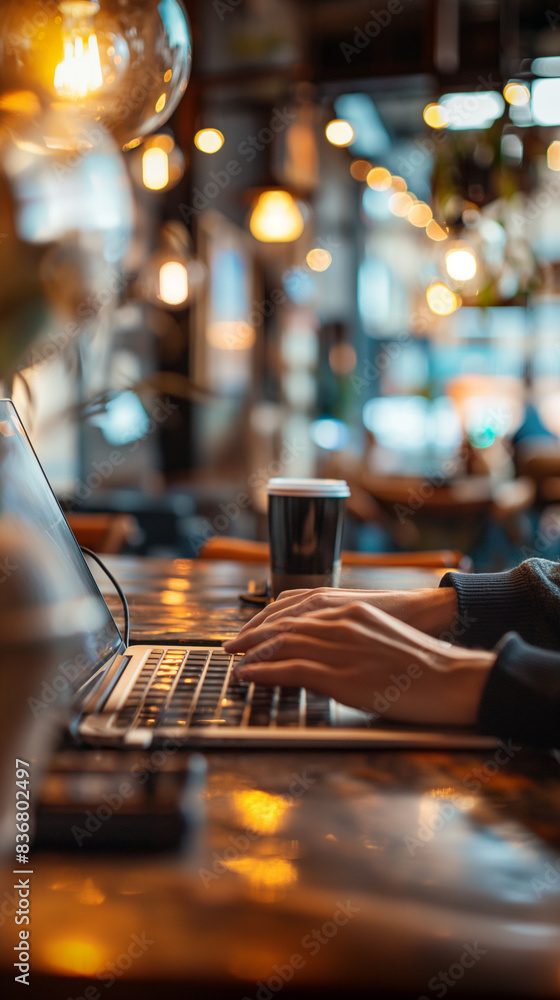 Person working on laptop in cozy cafe with coffee Person working on laptop in cozy cafe with coffee