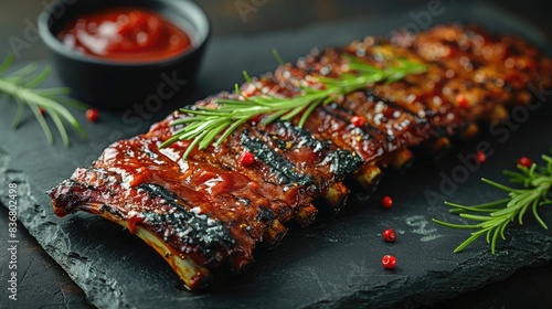 A juicy barbecue rib with a glossy sauce, placed on a dark slate background with plenty of copy space