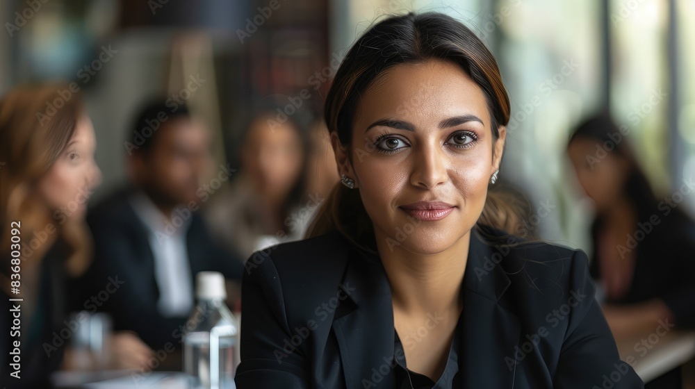 Businesswoman's face showing engagement during a team discussion Businesswoman's face showing engagement during a team discussion