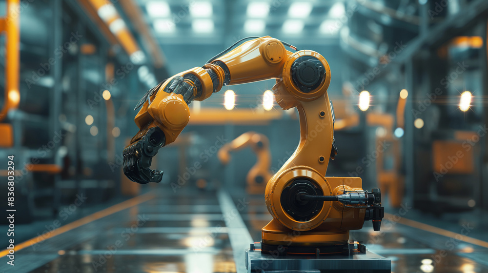 A wide shot of an automated production line with robotic arms, emphasizing modern manufacturing technology A wide shot of an automated production line with robotic arms, emphasizing modern manufacturing technology