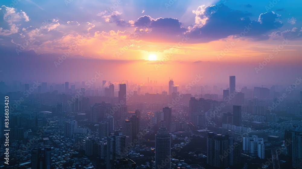 Fototapeta premium Cityscape at sunset with a noticeable layer of smog due to high PM 2.5 levels