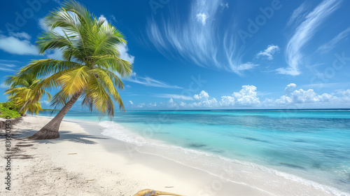 A tropical beach scene with palm trees  white sand  and clear blue water  a perfect vacation background