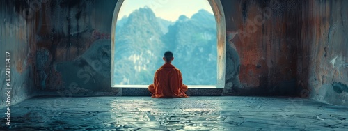 Buddhist monk meditating in a serene temple, practicing ancient rituals with respect. The concepts of Buddhism, meditation, tranquility, ancient rituals, reverence. photo