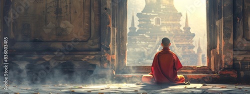 Buddhist monk meditating in a serene temple, practicing ancient rituals with respect. The concepts of Buddhism, meditation, tranquility, ancient rituals, reverence. photo