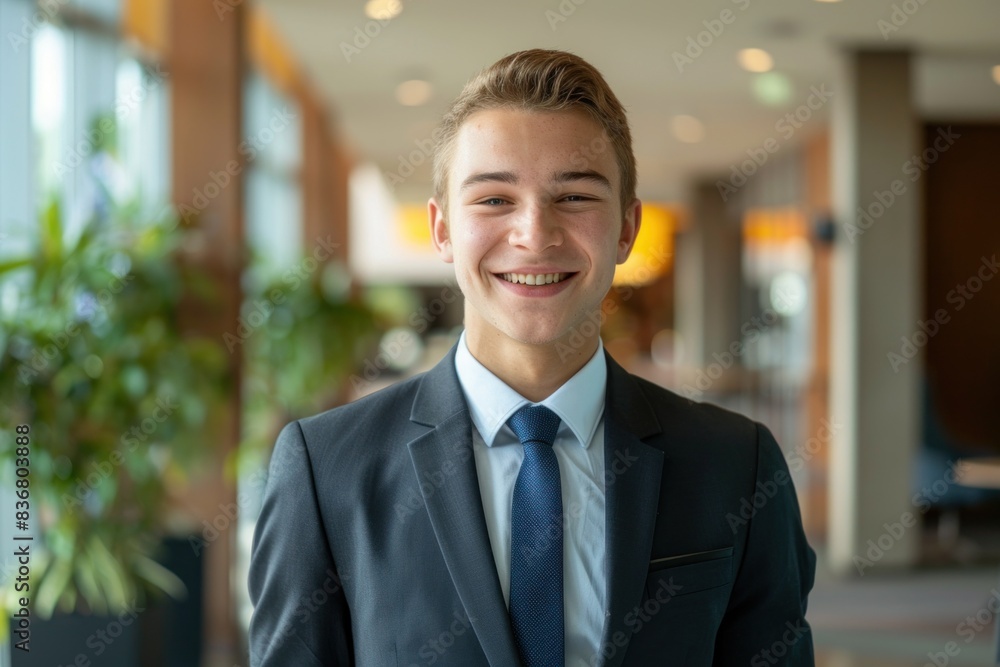 Confident young professional man in a tailored suit and tie smiles in a modern office setting, exuding positivity and approachability Confident young professional man in a tailored suit and tie smiles in a modern office setting, exuding positivity and approachability