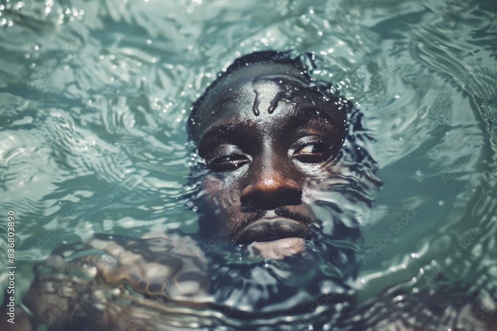Powerful image depicting the face of a refugee emerging from water, symbolizing the overwhelming challenges and despair faced by displaced individuals seeking safety and a new beginning Powerful image depicting the face of a refugee emerging from water, symbolizing the overwhelming challenges and despair faced by displaced individuals seeking safety and a new beginning